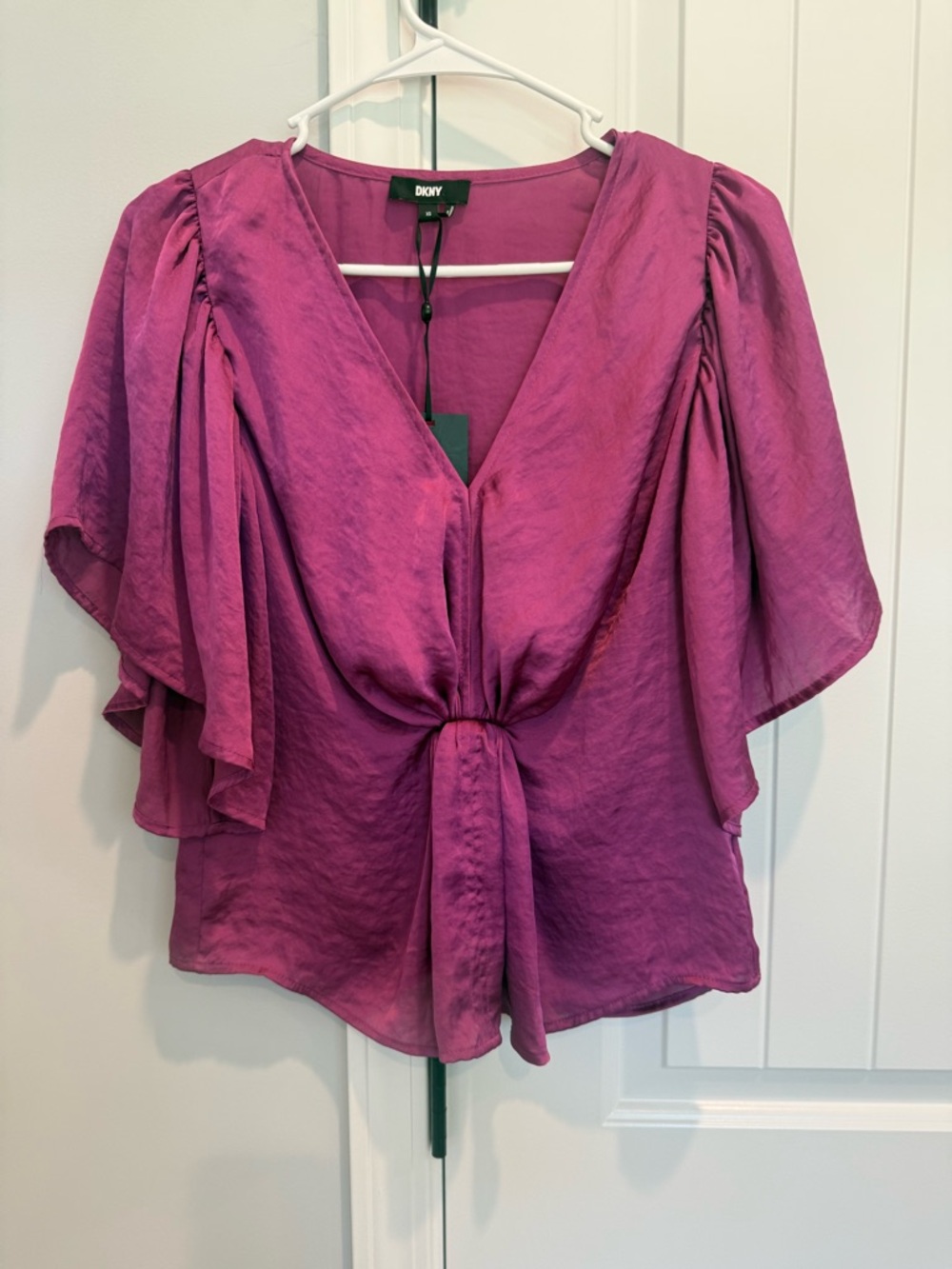DKNY Raspberry Tie-Front Flutter Sleeve Blouse